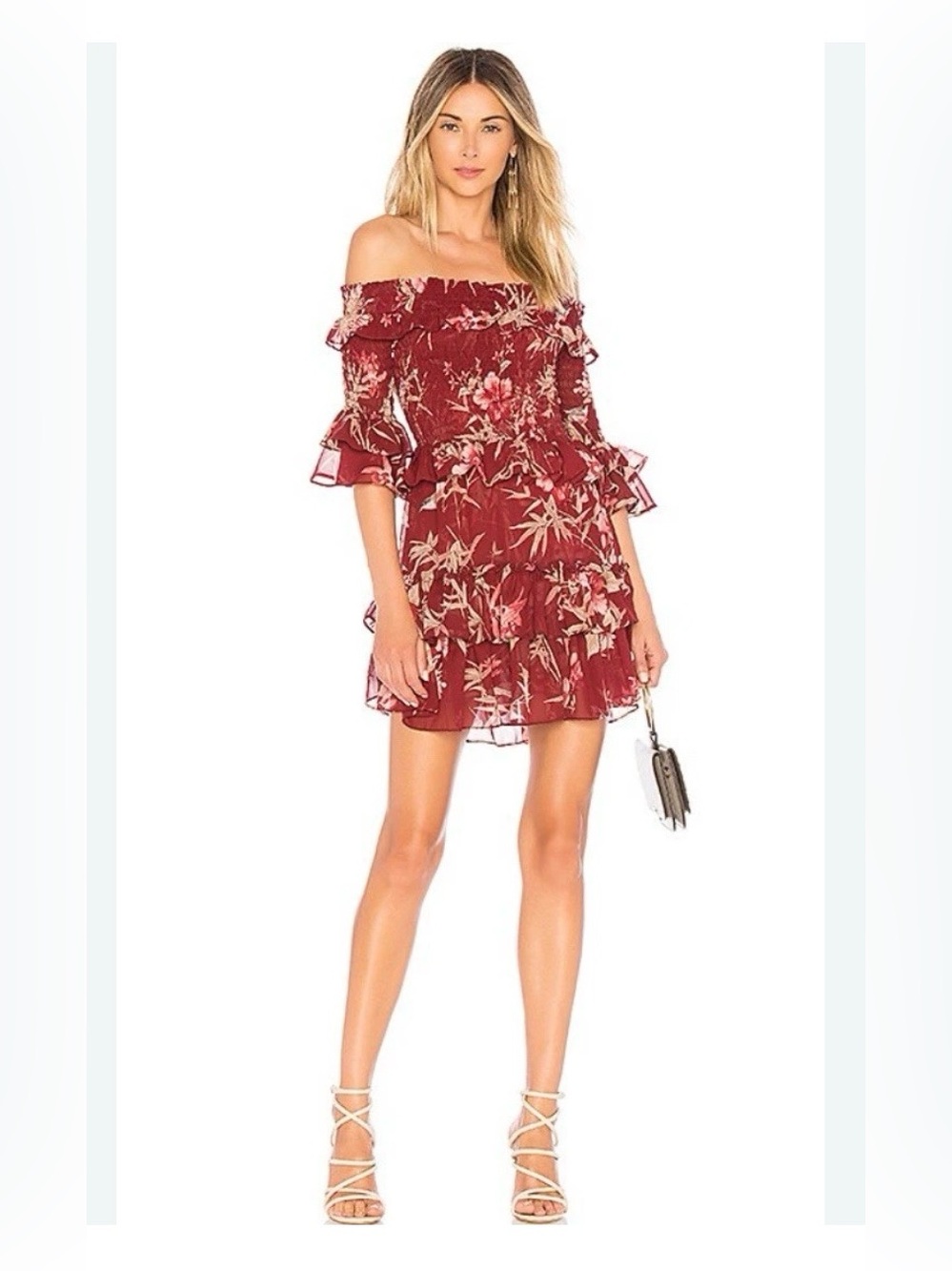 Misa Los Angeles Rima Maroon Floral Off Shoulder Ruffle Dress Sz S EXCELLENT